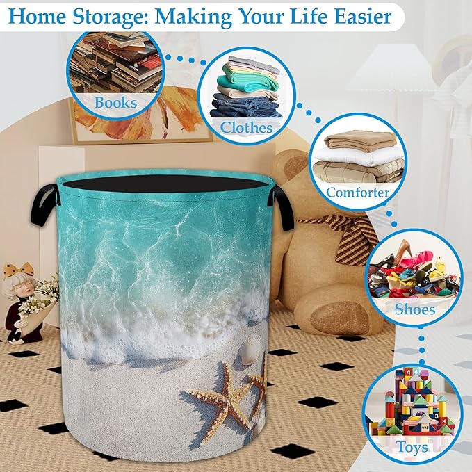 Sea Beach Starfish Laundry Basket Collapsible Laundry Hamper, Oxford Cloth Storage Bin for Room/Bathroom/Bedroom/Dormitories 