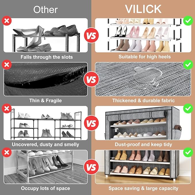 VILICK Shoe Rack with Cover Narrow Shoe Organizer with Pockets 10 Tier Tall Shoe Storage Holds 36-41 Pairs Shoes and Boots Sh