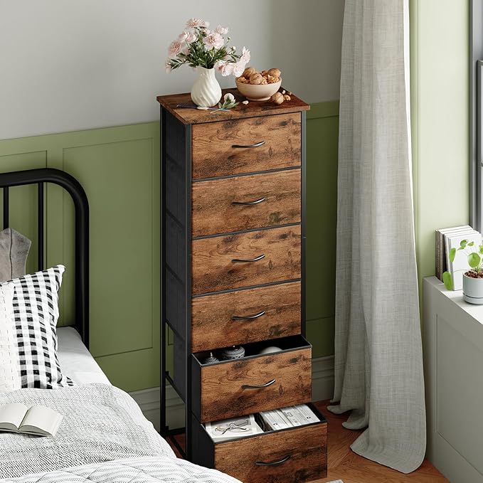 Somdot Tall Dresser for Bedroom with 6 Drawers, Storage Organizer Chest of Drawers with Removable Fabric Bins for Closet Beds
