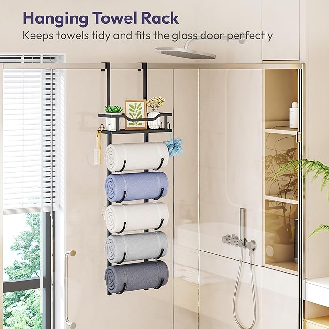 SWTYMIKI Over the Door Towel Rack - 6 Tier Towel Racks for Bathroom Wall Mounted, Towel Holder with Shelf, Hanging Rolled Tow