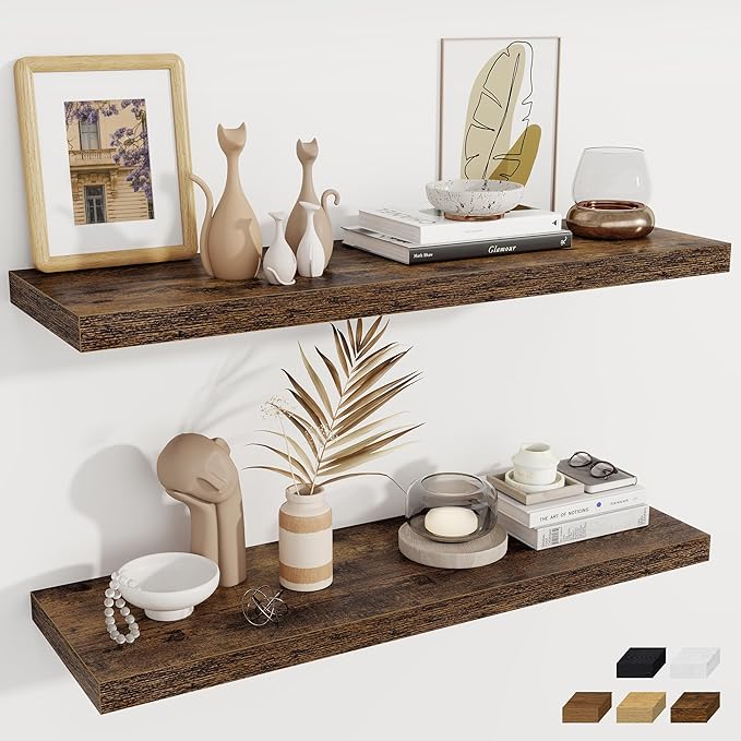 Fun Memories 12 Deep Floating Shelves, 40W x 12D Floating Shelves for Wall Set of 2, Extra Deeper Hanging Wood Shelves for Wa