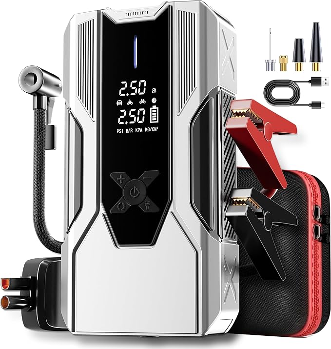 Emergency Portable Jump Starter with Air Compressor - 3000A 150PSI for Cars, Trucks & SUVs up to 9L Gas/7L Diesel, 12000mAh