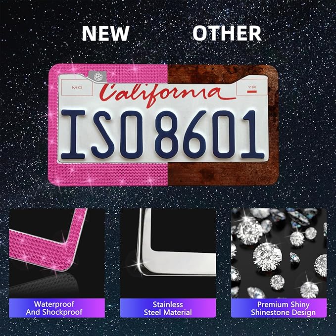 25PCS Bling Car Car Accessories Set,15 Inch Steering Wheel Cover,Shiny License Plate Frame,Center Console Cover and Rearview Mirror Set and Other Car Accessories(Rose Pink)