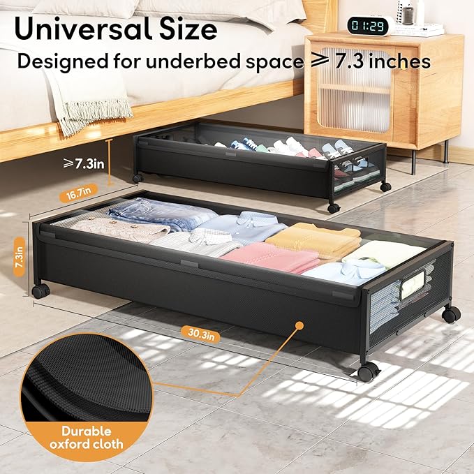 Under Bed Storage with Wheels，4 Pack Under Bed Storage Containers,Underbed Shoe Storage Bedroom Large Capacity Under Bed Stor