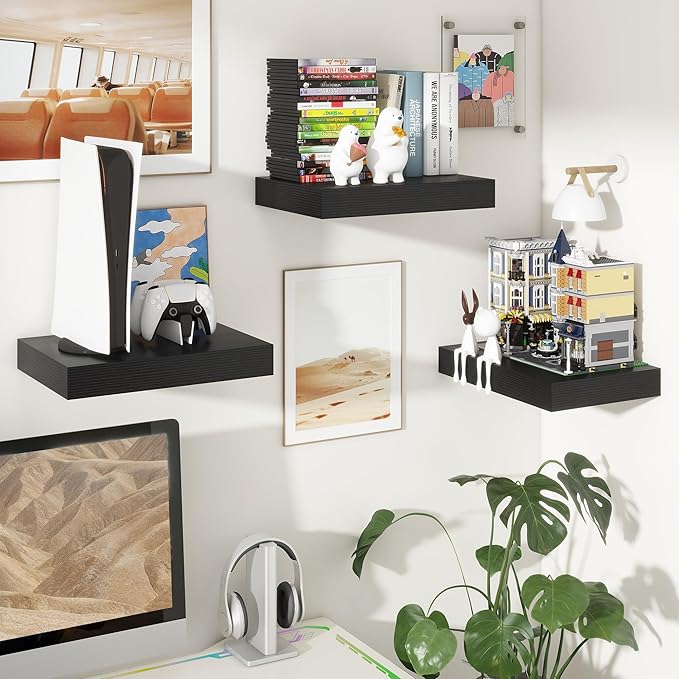 Deep Floating Shelves | 16 Inch Black Floating Shelves Set of 2 | 12 Inch Deep Black Wall Shelves | Deep Shelves for Living R