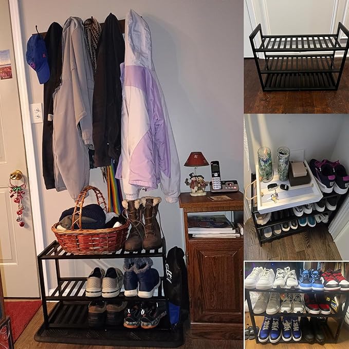 Jripae Bamboo Shoe Rack for Entryway, Stackable 3 Tier Shoe Organizer Shelf Storage 9-12 Pairs Shoes Stand Cubby for Closet D