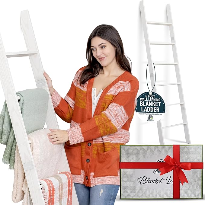 Blanket Ladder for Living Room and Bedroom, 5ft 8 inch, 6-Tier Wall Leaning Laminate Snag Free Construction (White) Rustic De