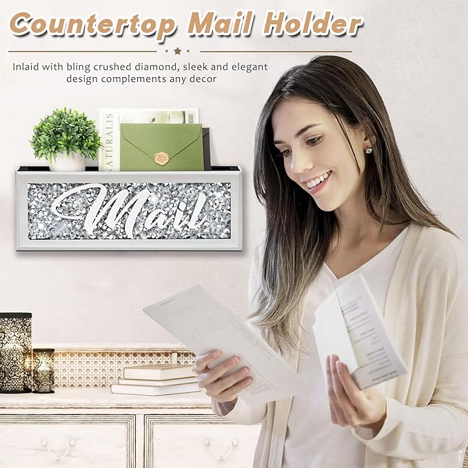 Crushed Diamond Mail Organizer, Crystal Mail Organizer Countertop, Mirror Letter Holder, Mail Tray, Mail Holder Box for Desk,