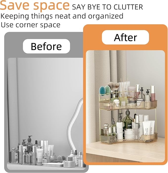 Corner Bathroom Counter Organizer with Top Toothbrush Holders, 2-Tier Make Up Organizers for Vanity with Brush Holder, Corner