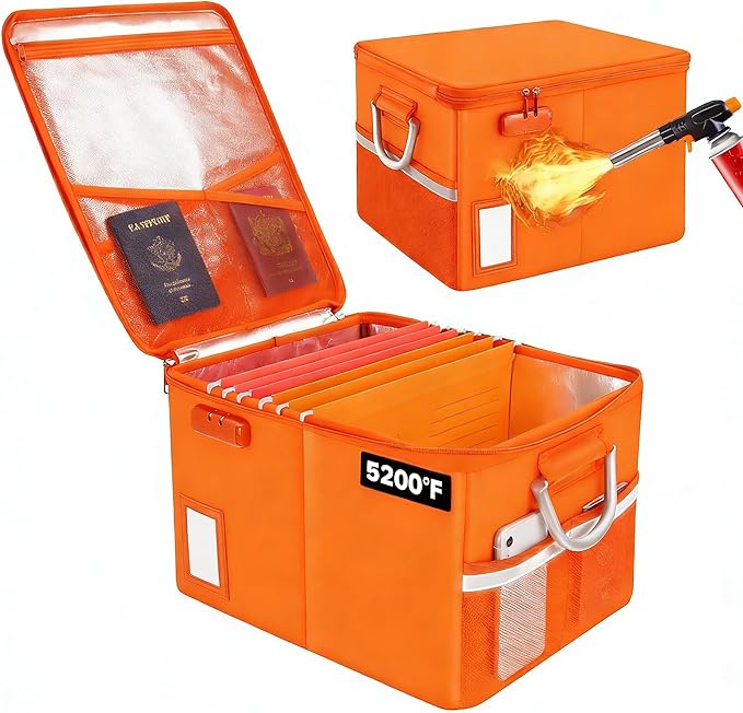 TOMKID Fireproof File Cabinet with Lock, Fireproof Document Organizer Collapsible File Box Filing Cabinet with Handle for Let