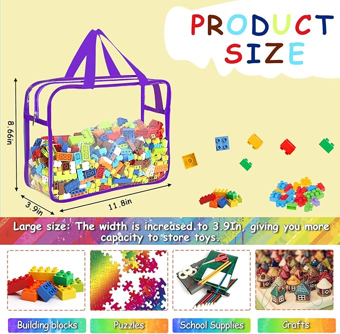 6 Color Large Toy Storage Bags with Labels, Reusable Clear PVC Board Game Storage, Travel Waterproof Organizer Bags with Zipp