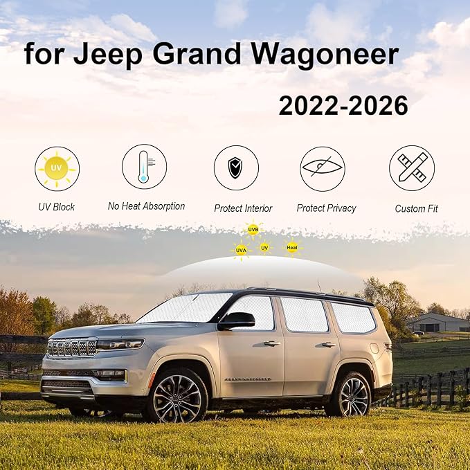 KMF 8pcs Thicken Sun Shades for Jeep Grand Wagoneer 2022-2026 Accessories,Full Car Window Covers for Windshield Side Rear, UV Block and Blackout Protect Privacy for Camping Outdoor