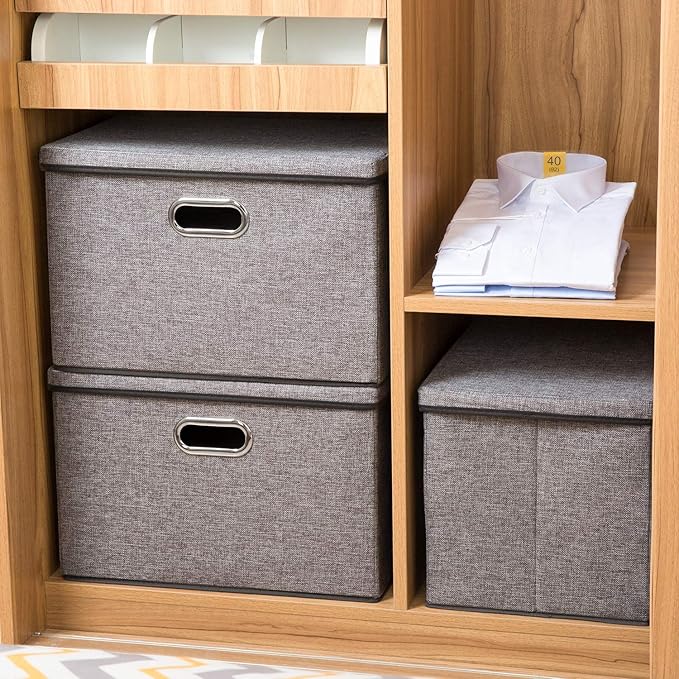 PRANDOM Large Collapsible Storage Bins with Lids [3-Pack] Linen/Cotton Blend Foldable Storage Boxes Organizer Containers Bask