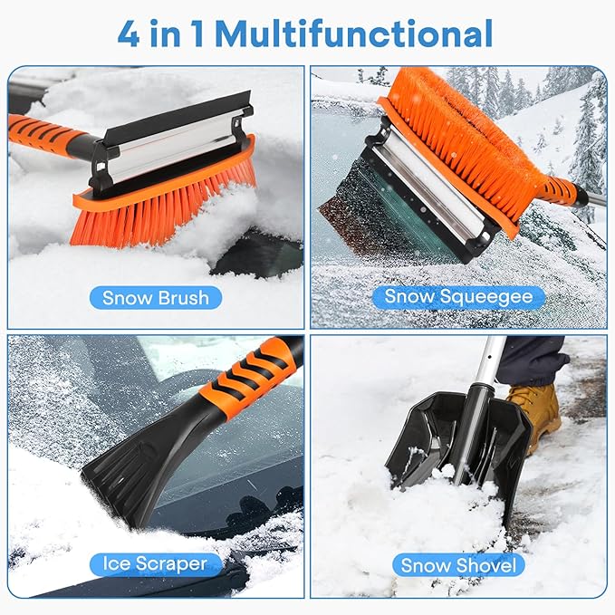41.5" Extendable Ice Scraper and Brush for Car Windshield, 4 in 1 Snow Shovel Snow Brush Scraper Kit with Foam Grip and 180° Pivoting Brush Head, for Cars, Trucks, SUVs, Vehicle