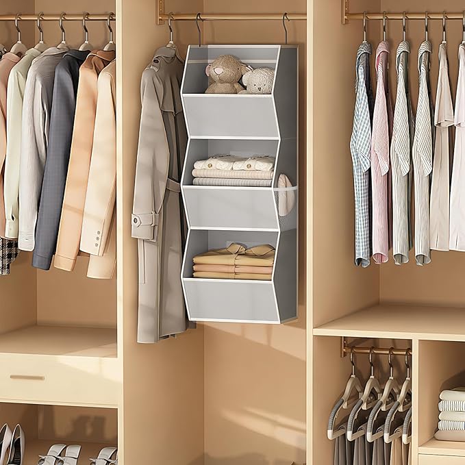 Hanging Closet Organizer 3 Shelf Collapsible Bedroom Closet Organizers and Storage Hanging with Mesh Pockets for Clothes, Fab