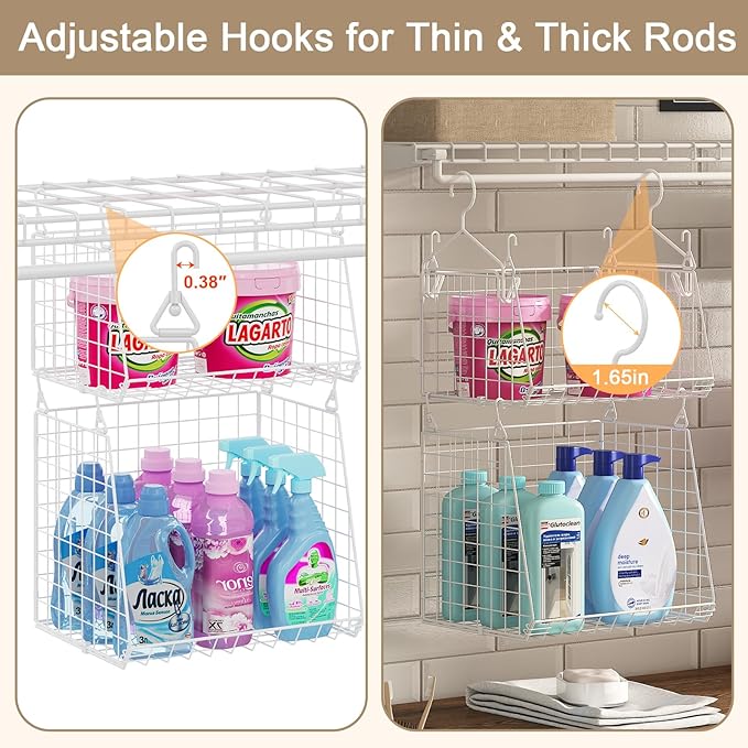 Sonyabecca 5-Tier Hanging Laundry Basket Organizer: Foldable Wire Shelf Basket with 4 Large Hooks 1.65" & 360°Rotating Hooks 