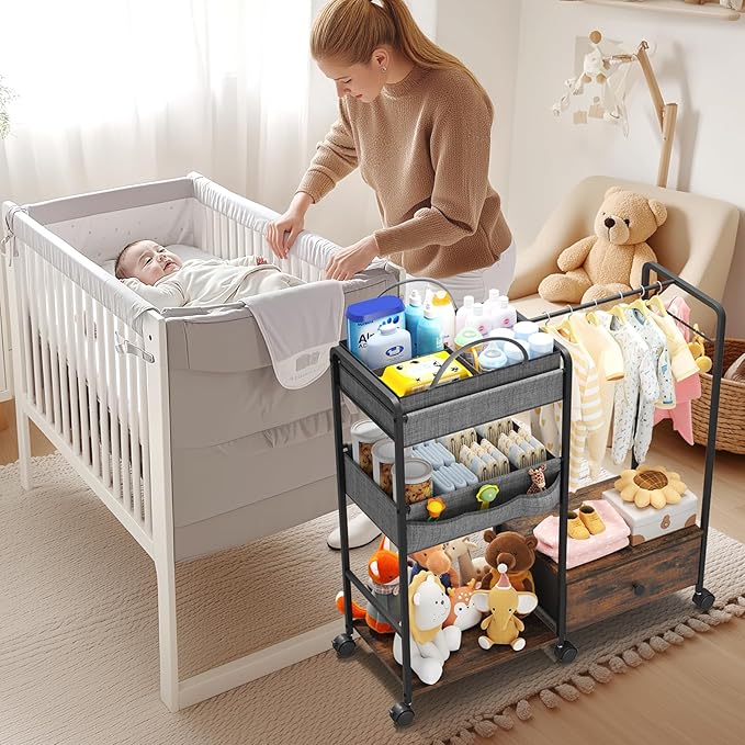 BBLIKE 3in1 Diaper Caddy Organizer - Diaper Caddy & Rolling Diaper Cart with Kids Clothing Rack for Nursery and Baby Essentia