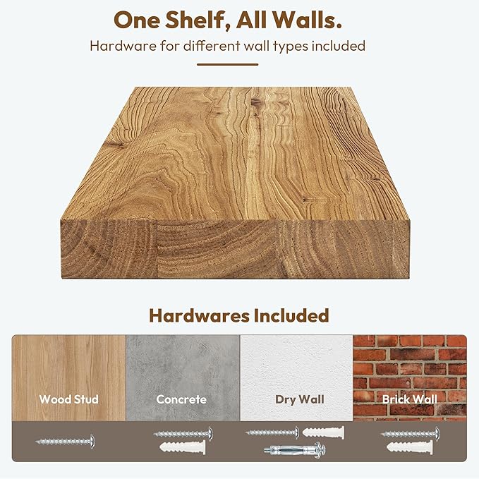 Vivelove Solid Wood Floating Shelves Set of 2, Elm Wood Wall Shelf with Invisible Bracket for Living Room Bedroom Bathroom Of