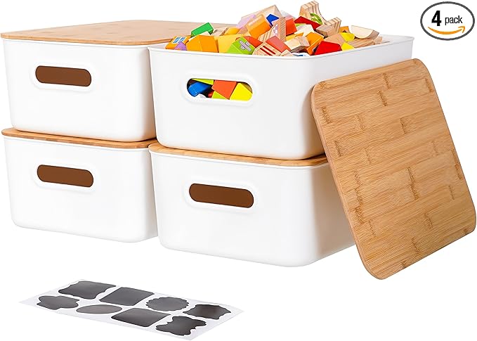 Citylife 4 PCS Storage Bins with Bamboo Lids Plastic Storage Containers for Organizing Stackable Storage Box with Handle, 15 