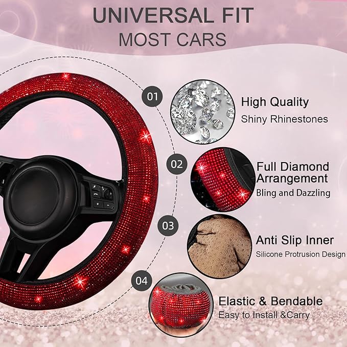 NBTEPEM 30 Pcs Red Bling Car Accessories Set for Women, Red Steering Wheel Cover Set, Bling Console Cover, Seat Belt Cushion, Shift Knob Cushion, Cup Holder Coaster, Rhinestone Car Hanging Accessories