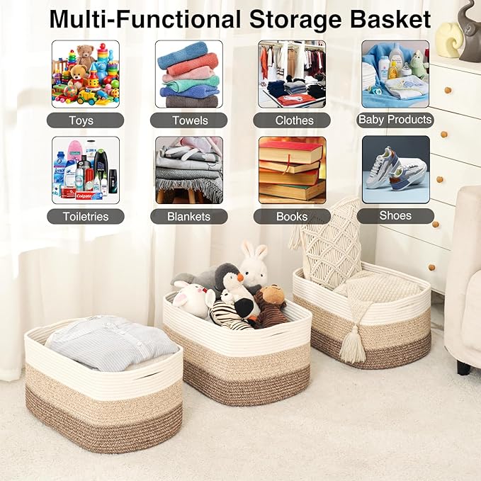 ICERZCZ Large Storage Baskets for Organizing Shelves, Woven Cotton Rope Bins for Baby Nursery Organization, Book Toy Towel Or