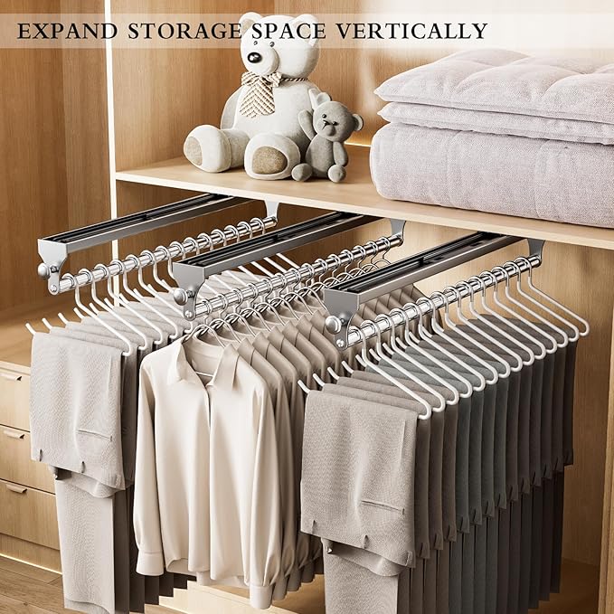 Pull Out Closet Rod, 15.7inch Heavy Duty Pants Rack, Adjustable Clothes Hanger Rail, Space Aluminum Valet Rod, Top Mounted Wa