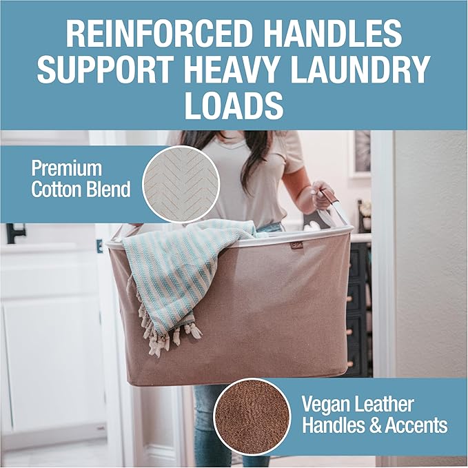 CleverMade Collapsible Laundry Basket LUXE 2 Pack – 60 L (16 Gal) Foldable Cotton Blend Clothes Hamper with Vegan Leather Acc