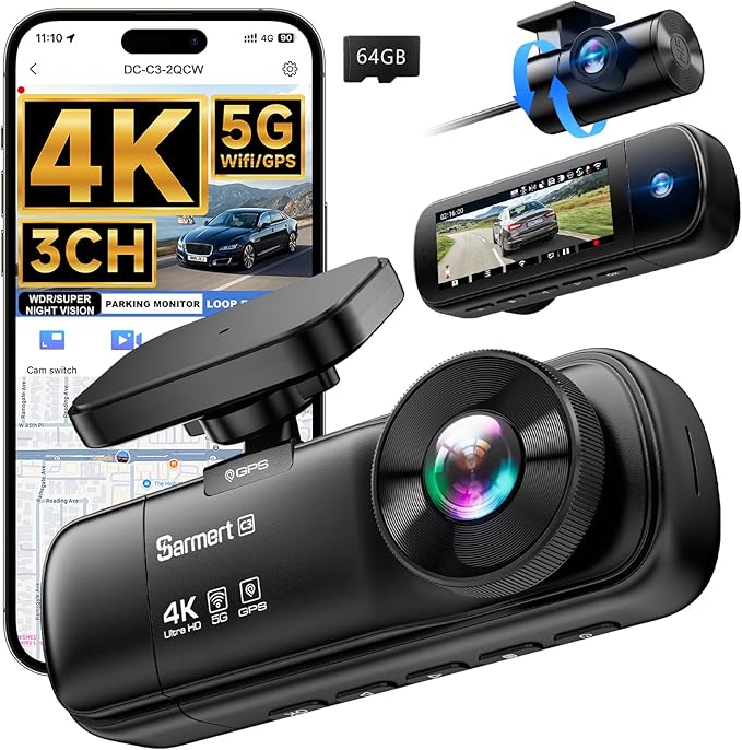 SARMERT 4K 3 Channel Dash Cam, Dash Cam Front and Rear C3, Free 64GB Card, 4K+1080P+1080P Dashcam, G-Sensor, WDR, APP, 5G WiF