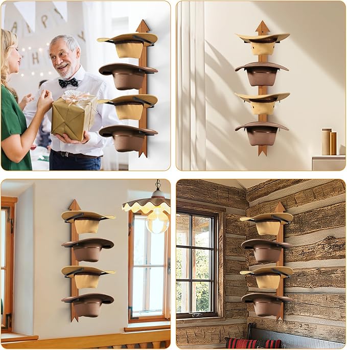 Cowboy Hat Rack, 4 Pieces Wooden Western Rustic Metal Cowboy Hat Hanger with Arrow Sign Board, Gift Cowboy Hat Holder for Wal