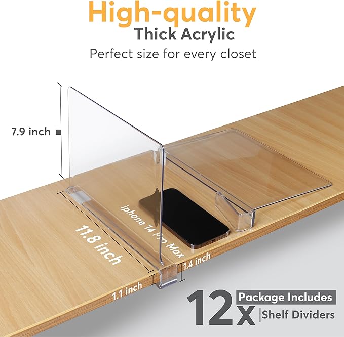 12 Pack Acrylic Shelf Dividers for Closet 11x7.9 Inch – Acrylic Dividers for Shelves Clear Closet Shelf Separators for Purses