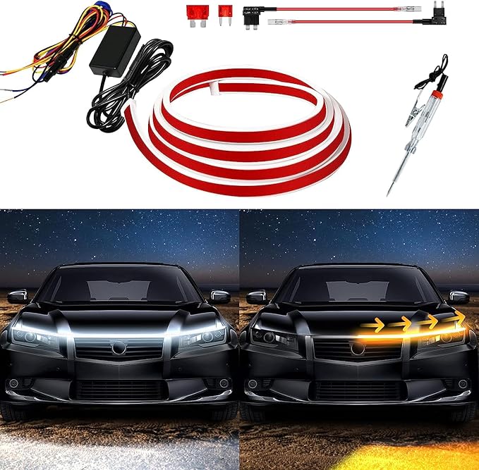 Exterior Car LED Hood Light Strip,Dual Color Dynamic Scan Start Up Hoodbeam Kit,Led Daytime Running Lights White&Amber Switchback Sequential Turn Signal Lights for Cars, Trucks,SUV(95inch/1set)