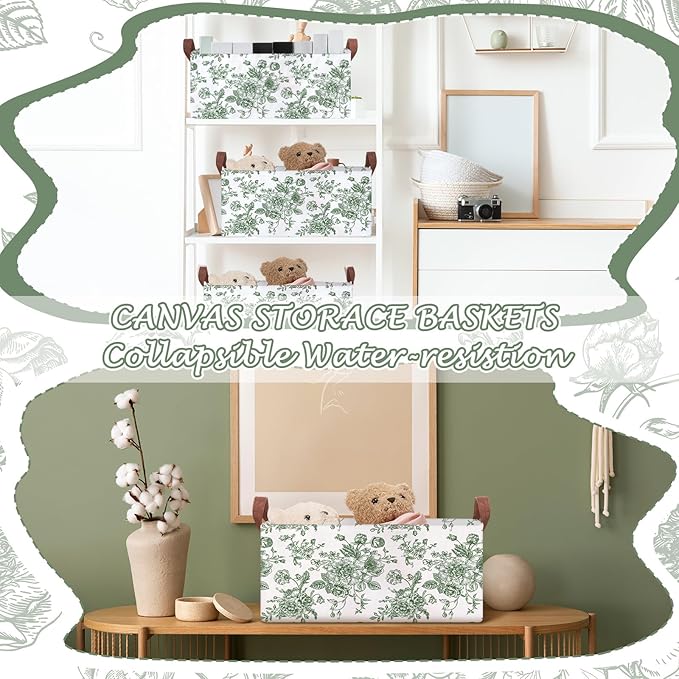 Boao 3 Pcs Sage Green Floral Storage Bin Collapsible Large Storage Baskets for Gifts Canvas Laundry Basket Foldable Box with 