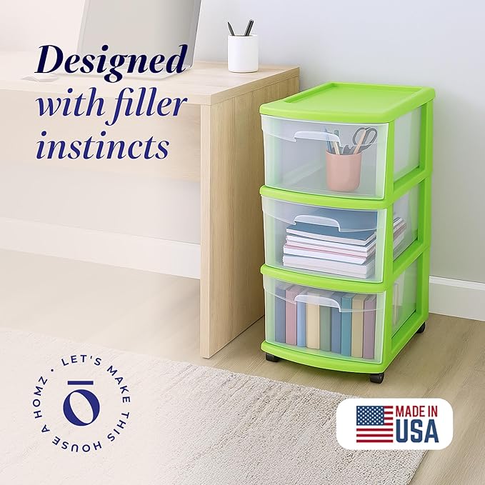 HOMZ Drawer Tower, 3-Tier Clear Plastic Storage Organizer Cart, Bold Lime Frame - Rolling Drawer Containers with Wheels for B