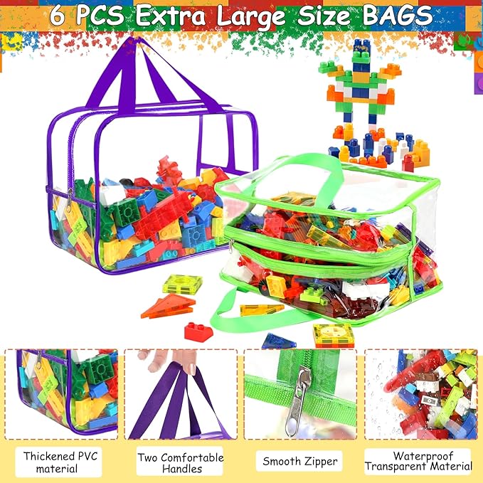 6 Colors Widen X-Large Storage Bags 12.6×9.25×6.9In with Labels, Reusable Clear PVC Board Game Storage, Travel Waterproof Org