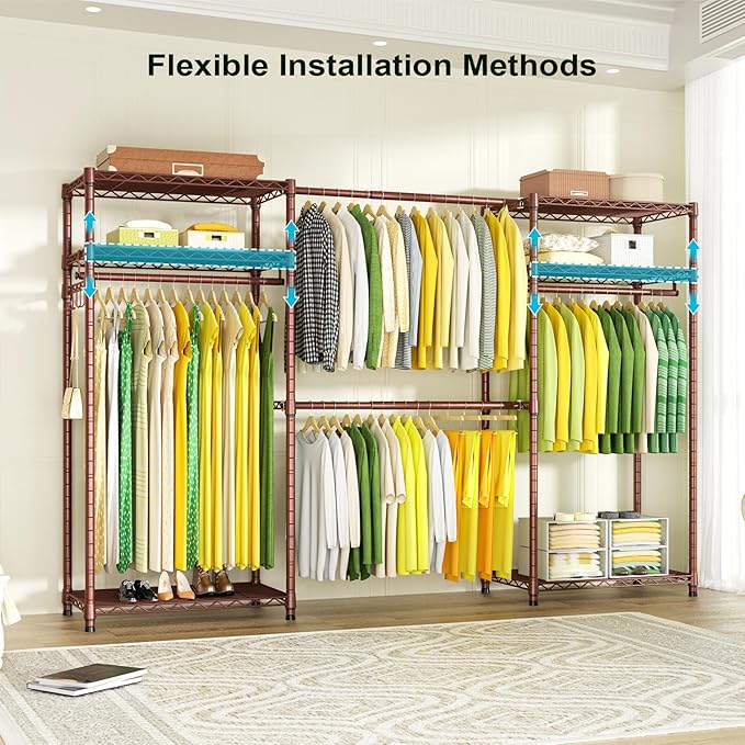 Ulif E1 Heavy Duty Closet Garment Rack, 6 Tiers Adjustable Metal Freestanding Expandable Clothing Storage with 4 Hanger Rods,