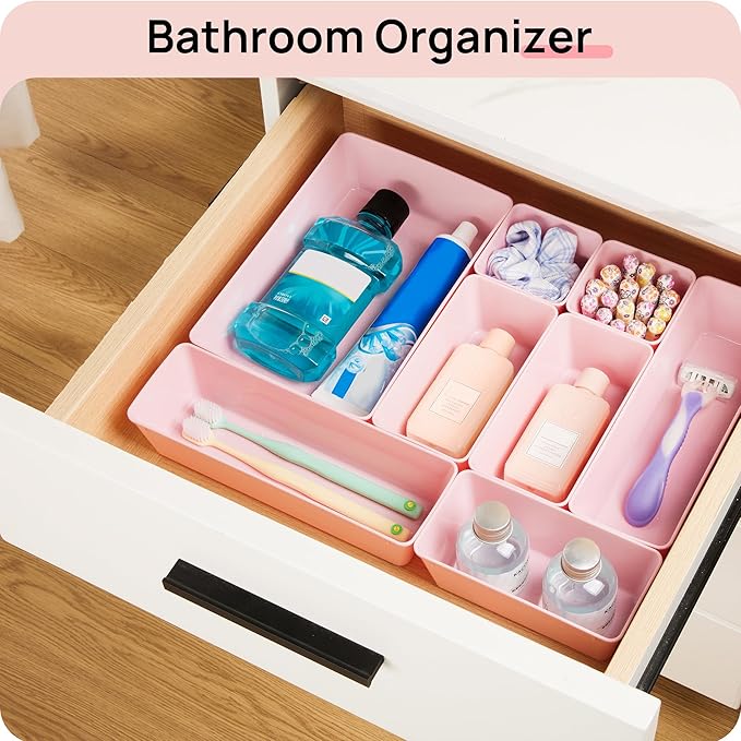 Vtopmart 44 PCS Plastic Drawer Organizers Set, 4-Size Versatile Bathroom and Vanity Organizer Trays, Non-Slip Storage Contain