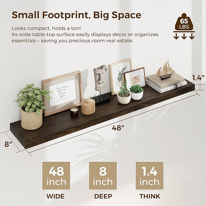 Dreamland Rustic Wood Floating Shelves for Wall Decor, Elm Wood Shelves 48 Inch Long, 8 Inch Deep Floating Shelf for Living R