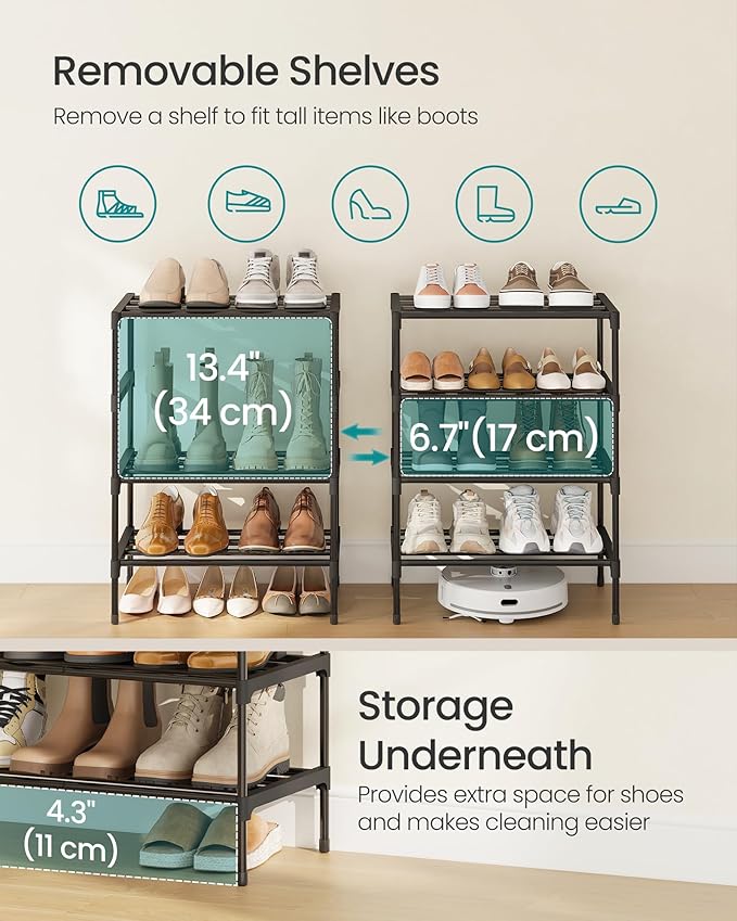 SONGMICS 4-Tier Shoe Rack for Closet, Compact Metal Shoe Organizer Shelf for Entryway, Bedroom, Small Spaces, Stackable, 11.8