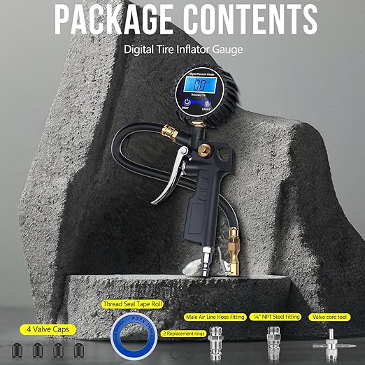 Digital Tire Pressure Gauge with Inflator, 3-250 PSI Air Compressor Accessories with Air Chuck Quick Connect Coupler, Car Attachments with Rubber Hose for Car, Truck, SUV, Cycle, RV