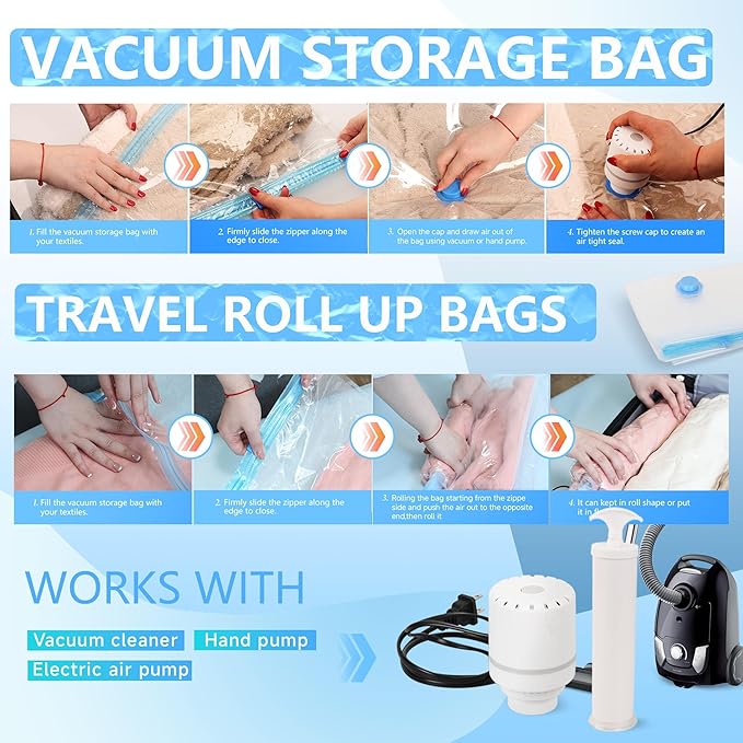 Vacuum Storage Bags with Electric Air Pump, 25 Pack Compression Bag, Space Saving Vacuum Sealer Bags for Clothes, Blanket, Du