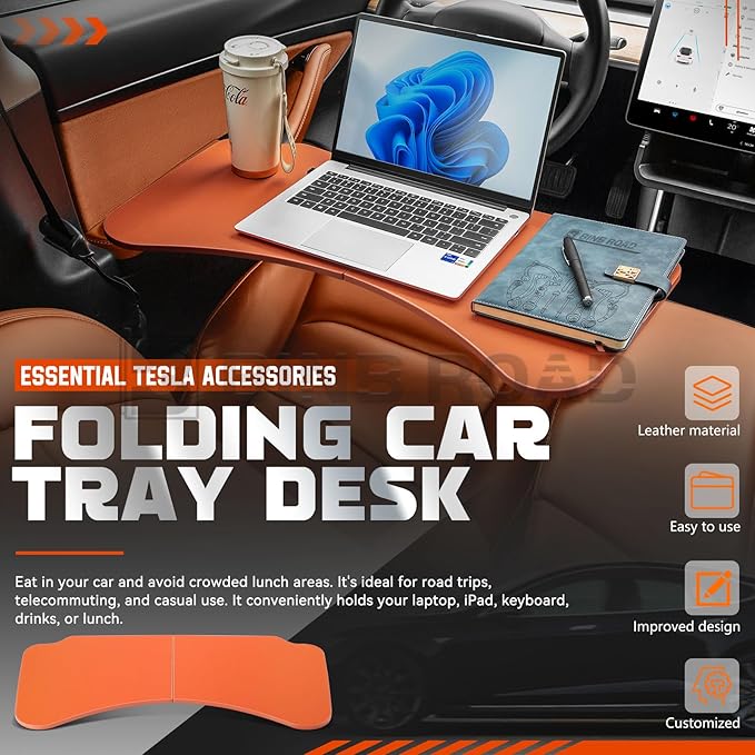 Leather Tray Table Folding Car Table Compatible with Tesla Model 3 Y – Multi-Use Dining Tray & Laptop Stand, Fits Front Driver & Passenger Seats,Orange