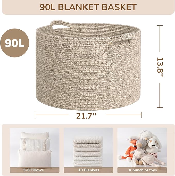 INDRESSME XXXLarge Blanket Basket for Living Room 21.7" x 21.7" x 13.8"-Storage Basket with Handle for Organizing Toy Pillows