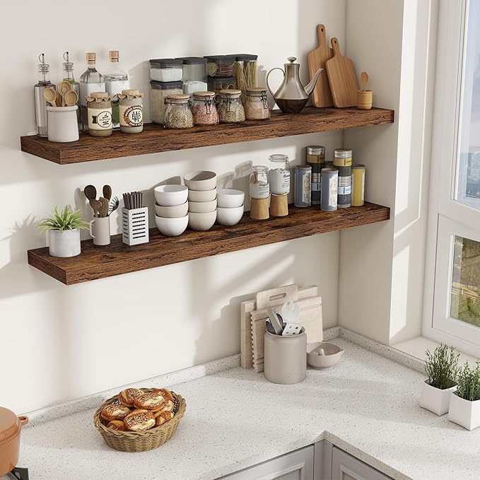 Fun Memories 55 Inch Fireplace Mantel Shelf, 10 Inch Deep Shelves for Display & Wall Storage, Rustic Wood Wall Shelf, Extra L