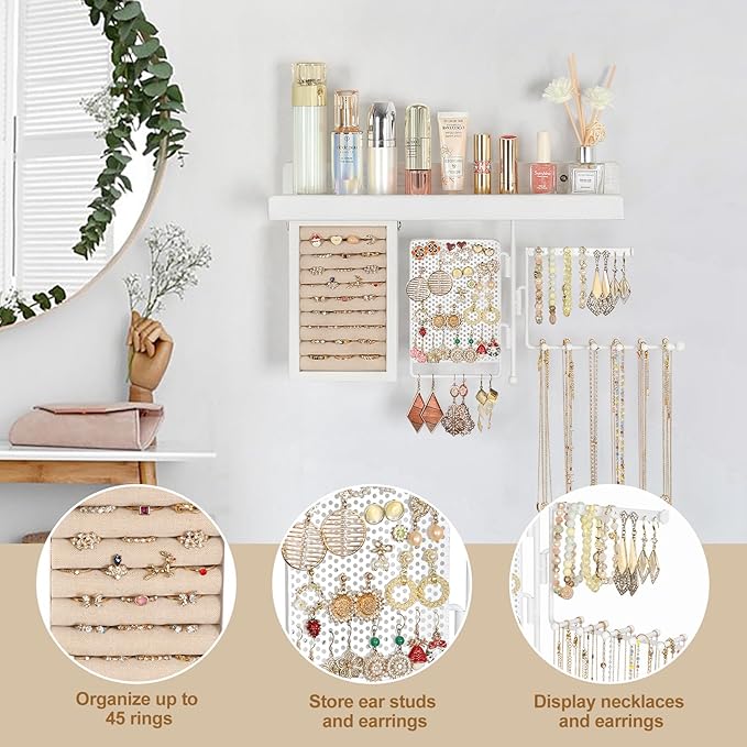 SOLIMINTR Hanging Jewelry Organizer Wall Mount with Rustic Wood Shelf, Ring Display Box, Ear Studs Earring Holder, Rotating N
