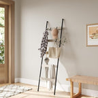 ELYKEN Blanket Ladder for Living Room, Farmhouse 5-Tier Quilt Holder with 4 Removable Hooks for Bathroom, Wood Towel Rack Dis