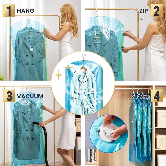 TAILI Hanging Vacuum Sealer Storage Bags Space Saver Bags for Clothing, Suits and Jackets, Closet Organizers, (3 Long, 3 Shor