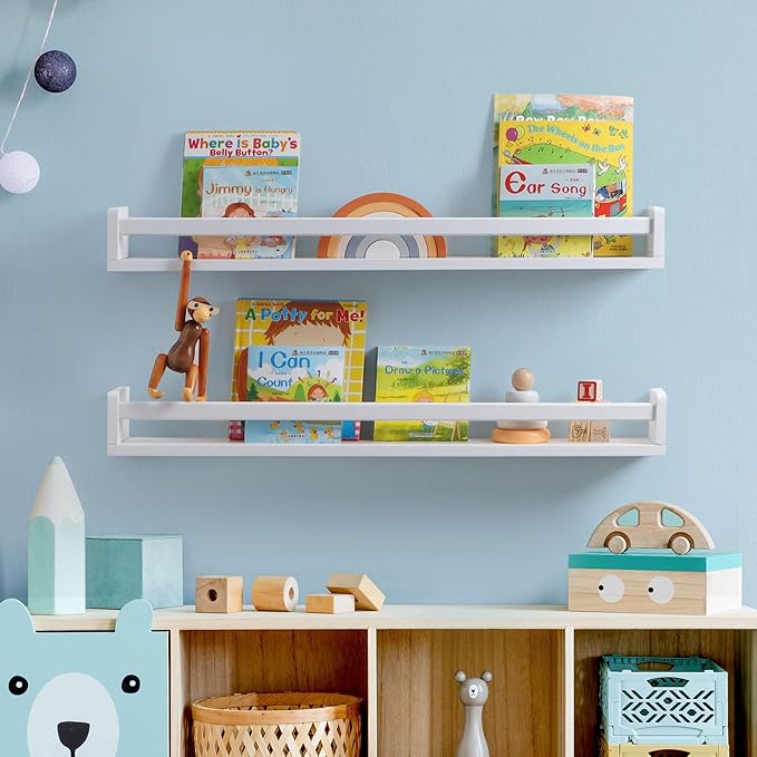 Fun Memories Nursery Book Shelves - Rustic Natural Solid Wood Floating Bookshelf for Kids - Wall Book Shelves for Kids Room (