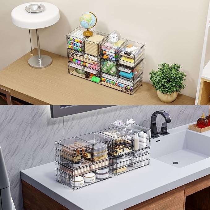 Yieach 2 Pack Acrylic Storage Drawers With 4 Drawers,Stackable Desk Organizers and Makeup Organizer,Large Clear Office Suppli