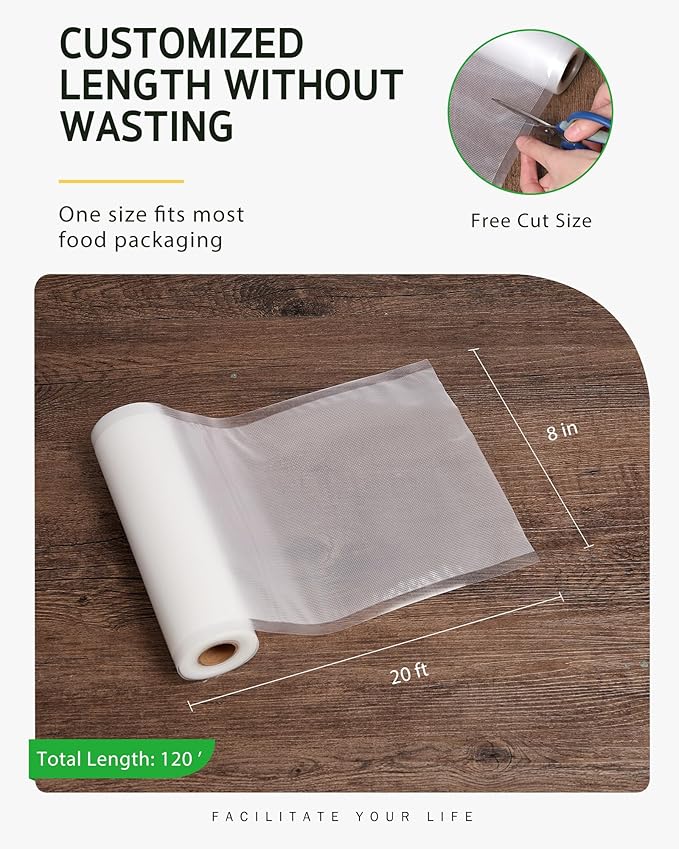 Syntus Vacuum Sealer Bags for Food, 6 Rolls 8" x 20' Commercial Grade Bag Rolls, BPA Free Food Vac Bags for Storage, Meal Pre