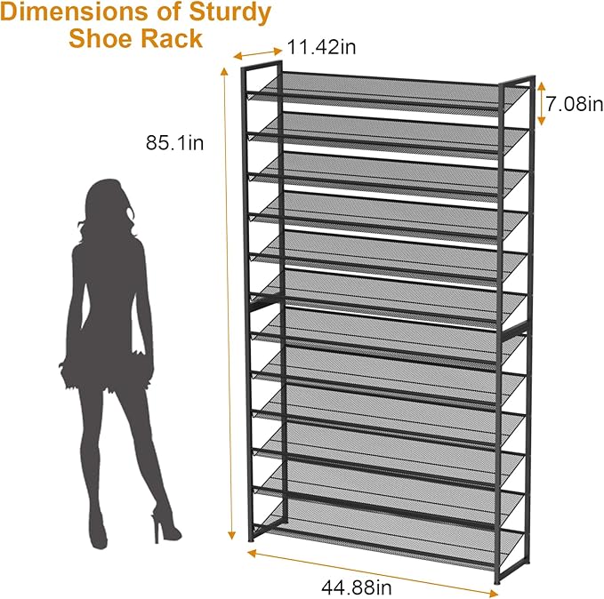 Large Shoe Rack 12 Tier Shoe Organizer, Heavy Duty Metal 6-Tier Stackable Shoe Storage Vertical Shoe Rack for Closet Front Do